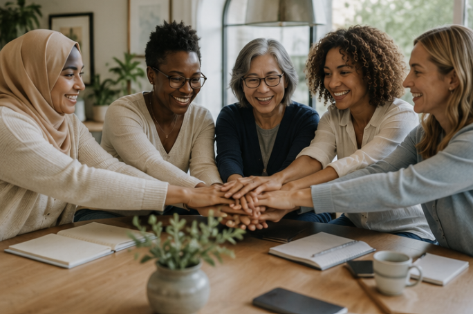 Women holding hands together in unity and strength